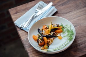 Roast carrot, freekeh, harissa yoghurt