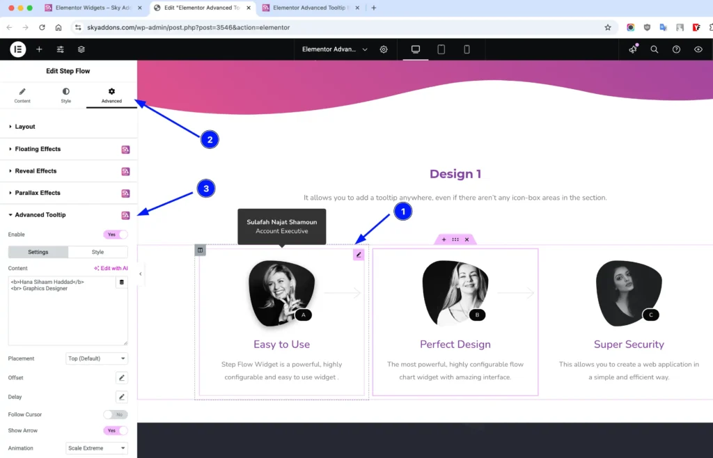 Advanced Tooltip features of Sky Addons for WordPress