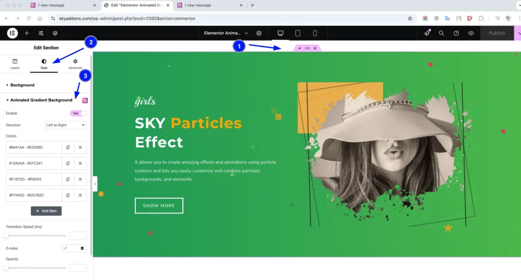 Animated Gradient Background features of Sky Addons for WordPress