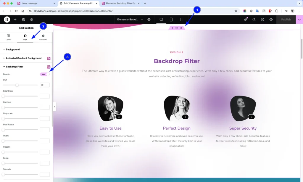 Backdrop Filter features of Sky Addons for WordPress