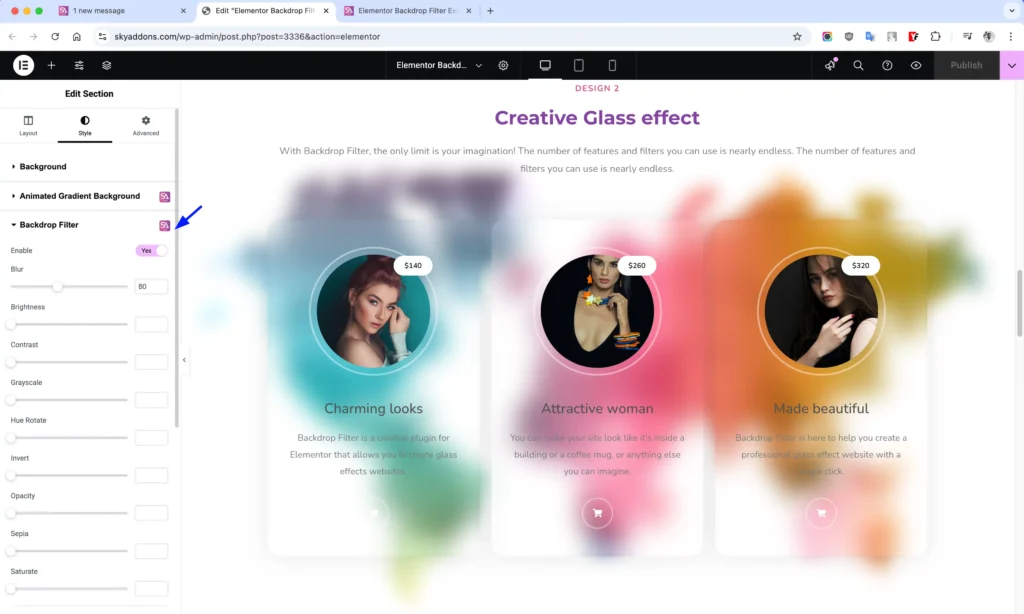 Backdrop Filter features of Sky Addons for WordPress
