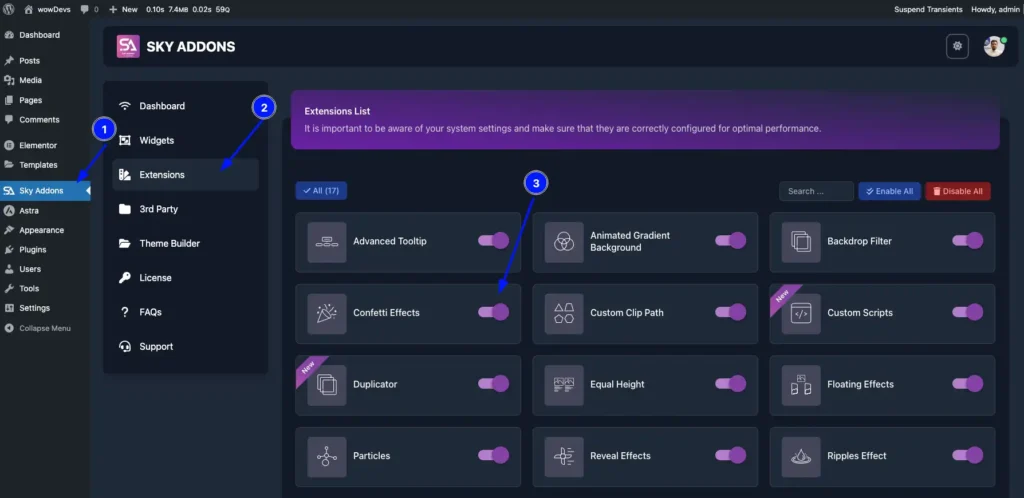 Confetti Effects features of Sky Addons for WordPress