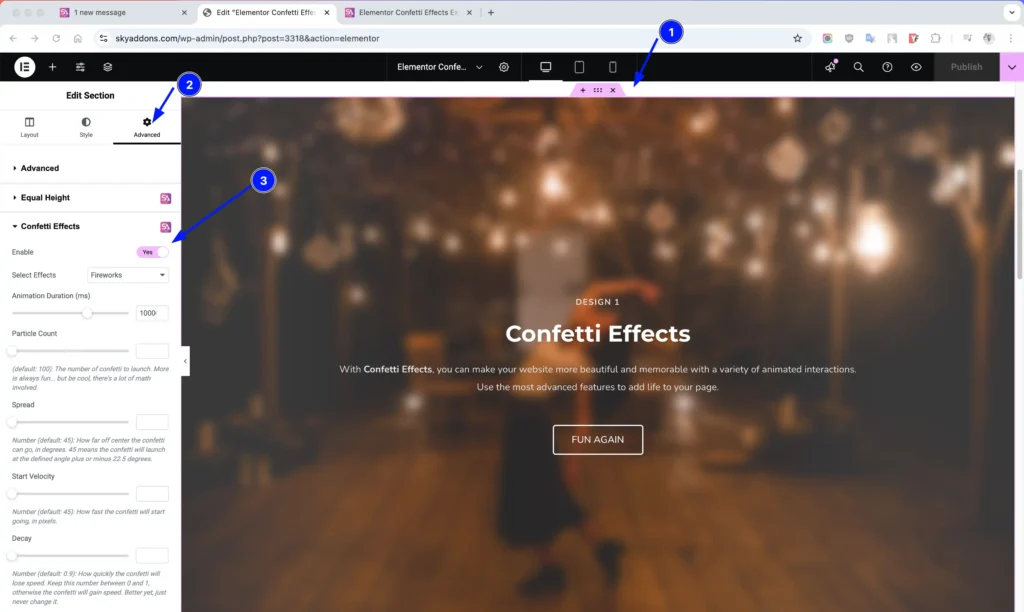 Confetti Effects features of Sky Addons for WordPress
