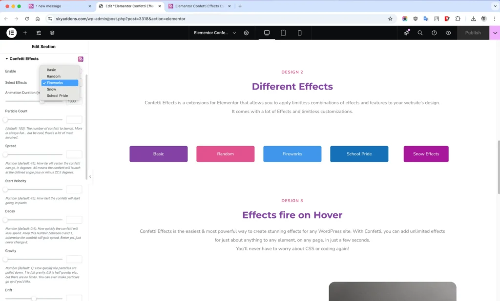Confetti Effects features of Sky Addons for WordPress