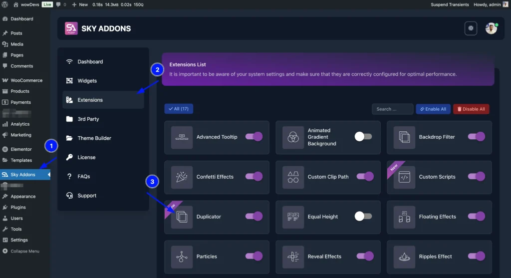Duplicator features of Sky Addons for WordPress