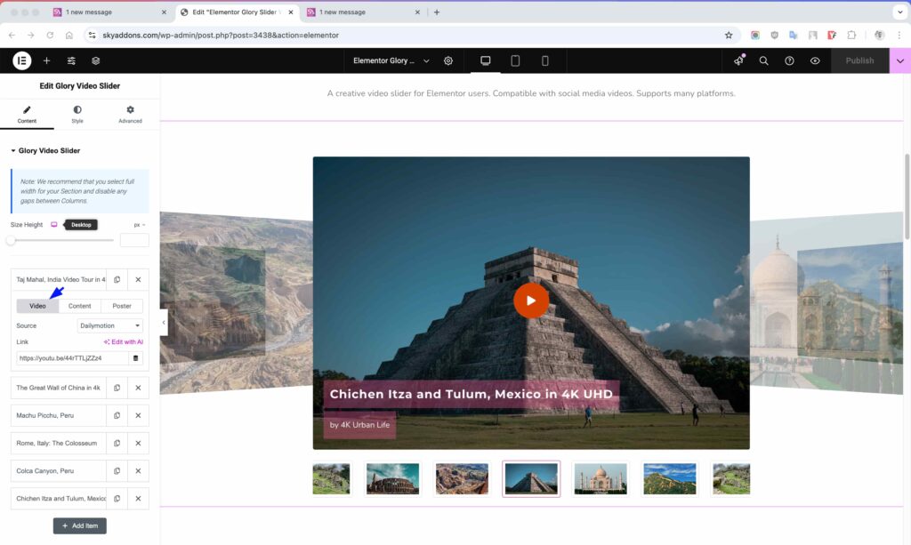 Glory Video Slider for Elementor WordPress