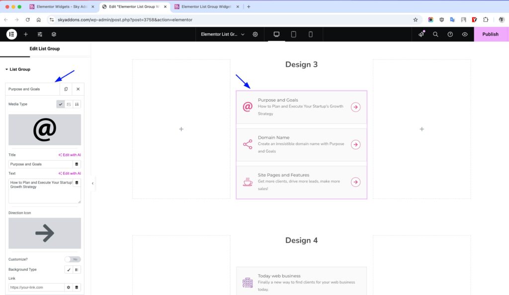 List Group of Sky Addons for Elementor WordPress