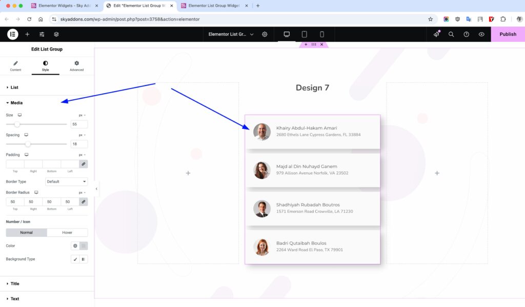 List Group of Sky Addons for Elementor WordPress