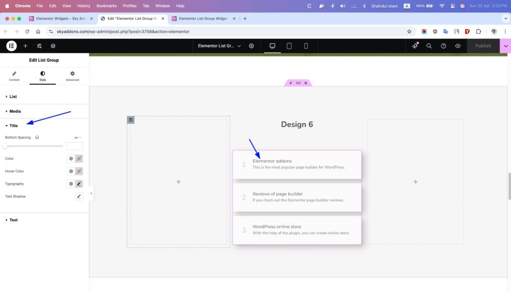 List Group of Sky Addons for Elementor WordPress