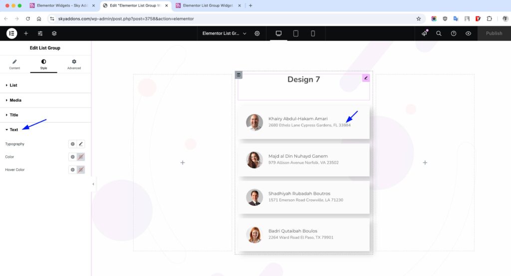 List Group of Sky Addons for Elementor WordPress