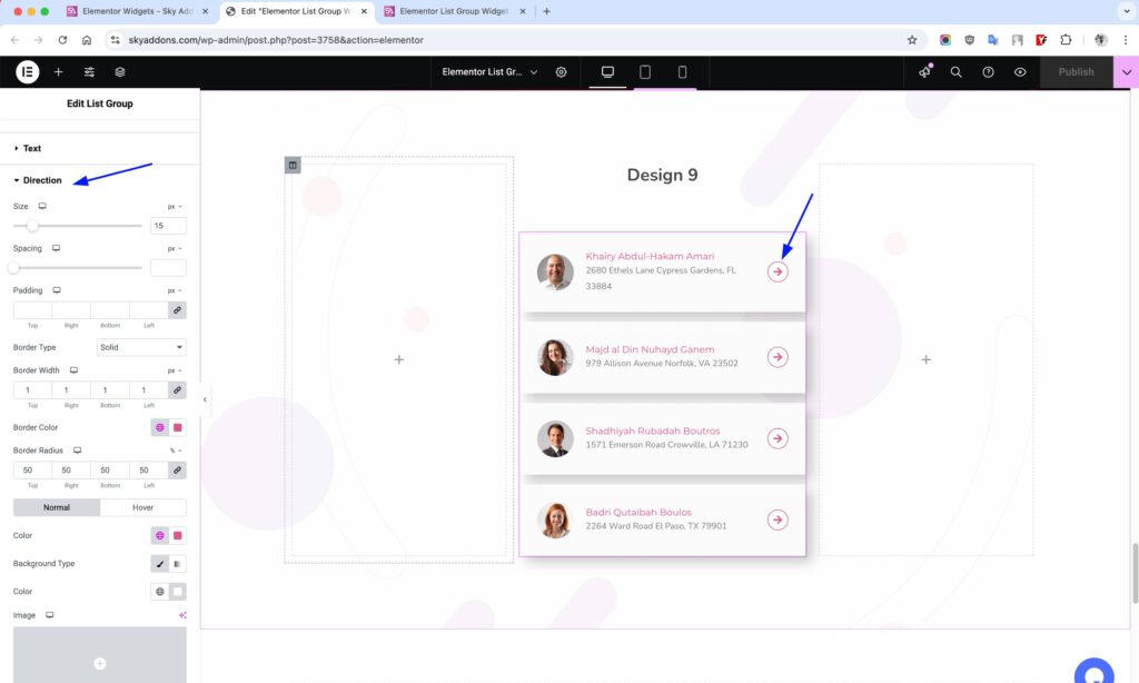List Group of Sky Addons for Elementor WordPress