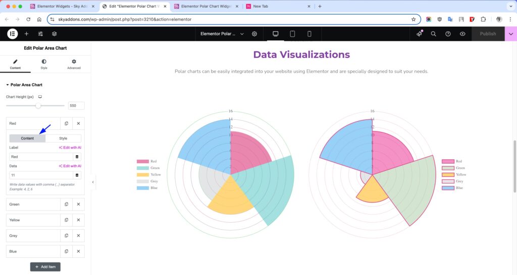Polar Area Chart of Sky Addons for Elementor WordPress