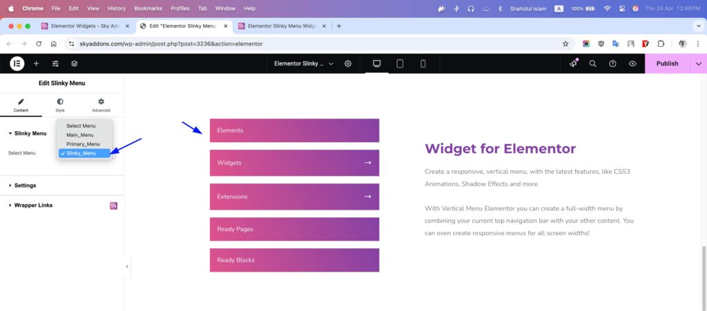 Slinky Vertical Menu for Elementor WordPress
