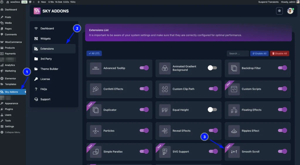 Smooth Scroll features of Sky Addons for WordPress