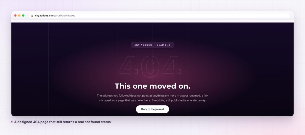 Elementor 404 page showing a designed not found message