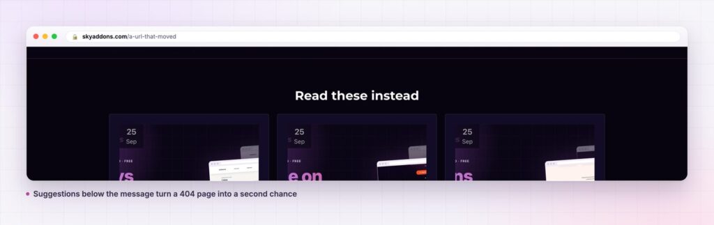 Elementor 404 page suggestions row below the not found message