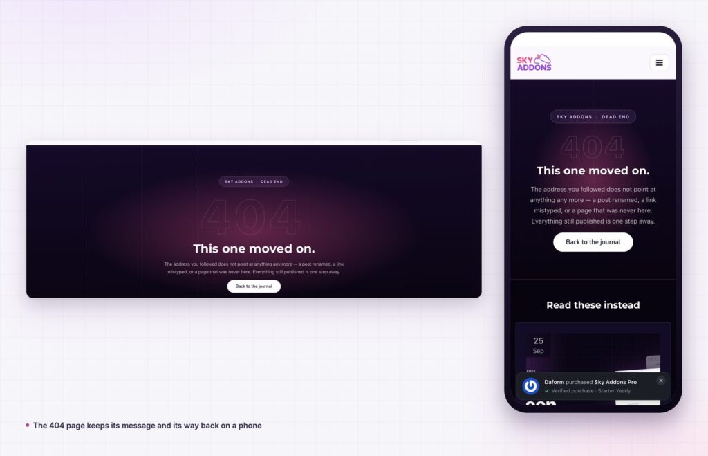 Elementor 404 page at desktop and phone width