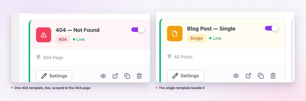 Elementor 404 page template card beside the single post template