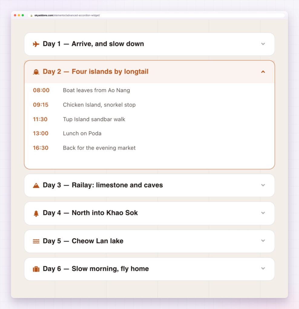 Elementor advanced accordion holding a six day itinerary with one panel open