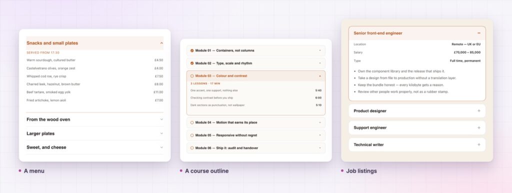 Three Elementor advanced accordion layouts: a menu, a course outline and job listings