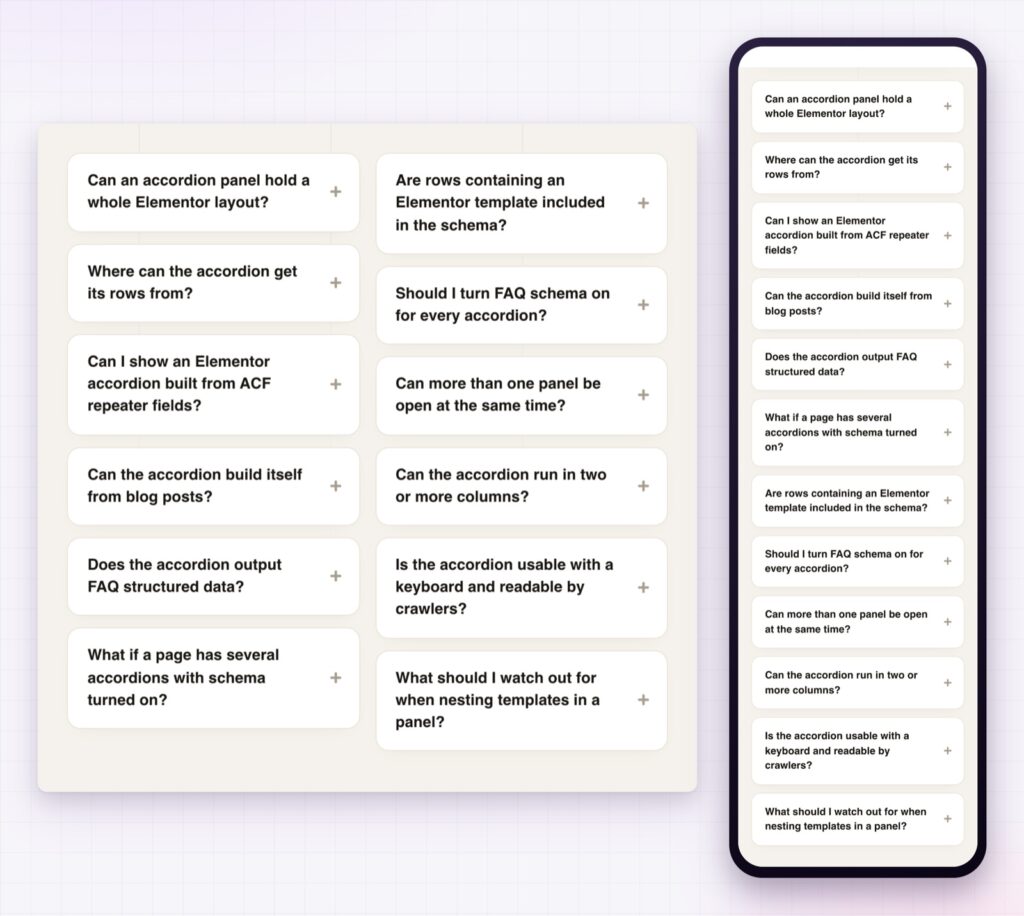 Elementor advanced accordion FAQ in two columns on desktop and one column on a phone