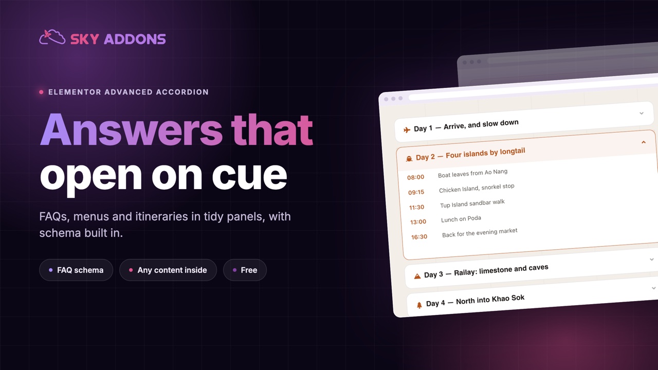 Elementor advanced accordion widget from Sky Addons with panels that open on cue