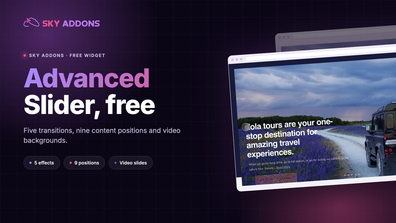 Advanced slider for Elementor showing a hero slide with a content box