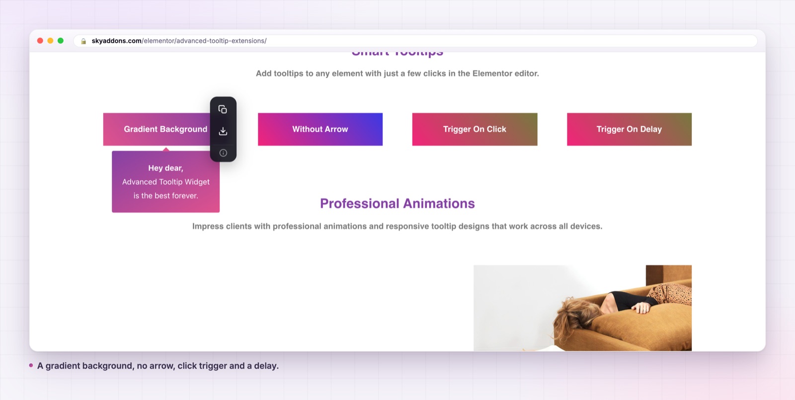 Advanced tooltip with a gradient background and a click trigger