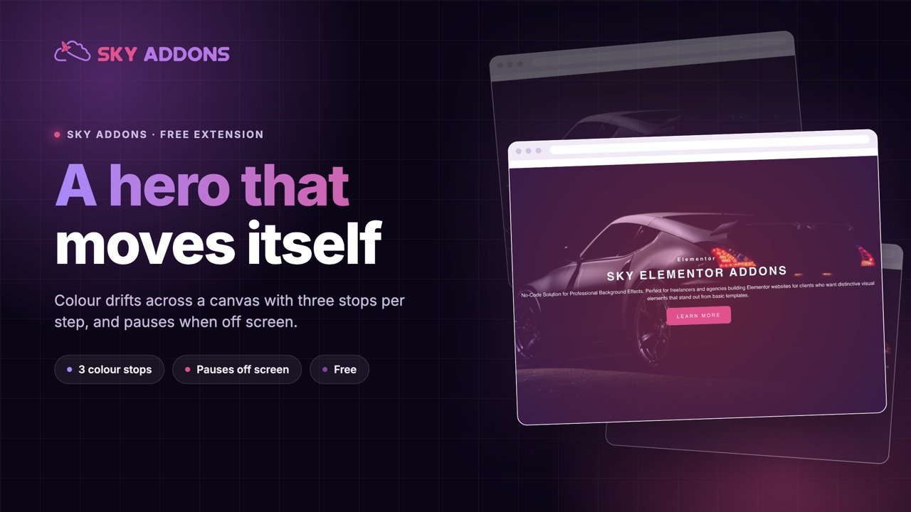 Animated gradient background extension moving behind an Elementor hero