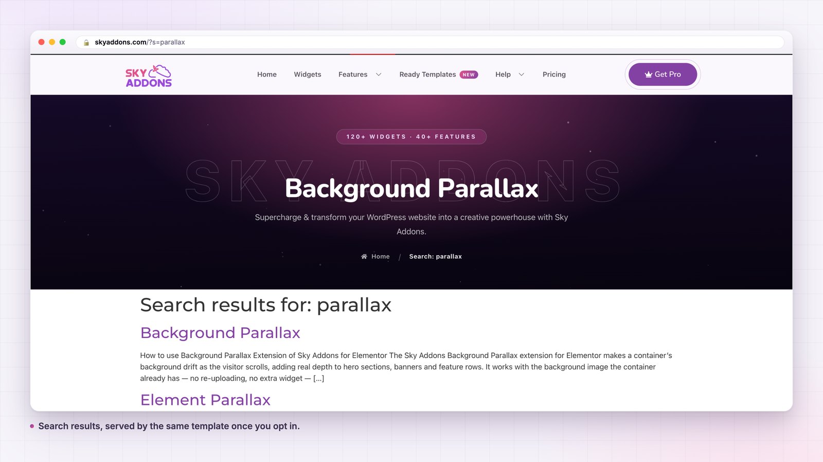 Archive template serving a search results page