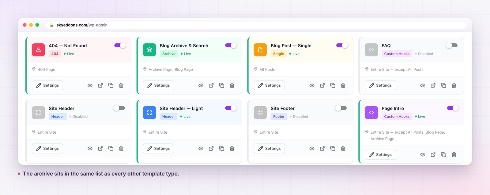 Archive template listed among the theme builder template types