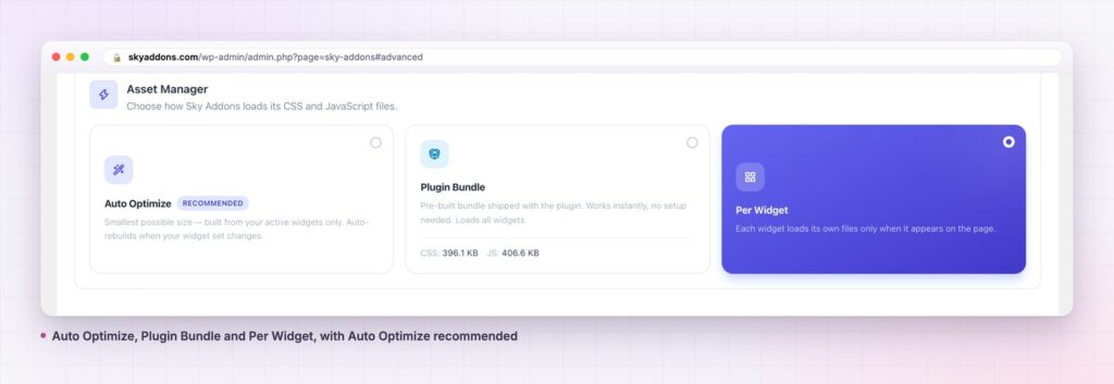 Elementor asset manager modes Auto Optimize, Plugin Bundle and Per Widget