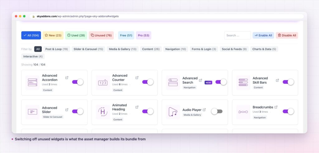 Elementor asset manager widget list that the bundle is built from