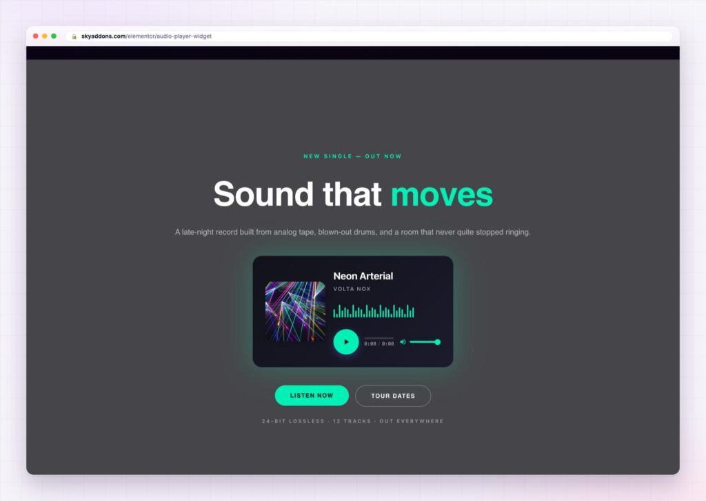 Elementor audio player in a dark neon skin with cover art and a waveform