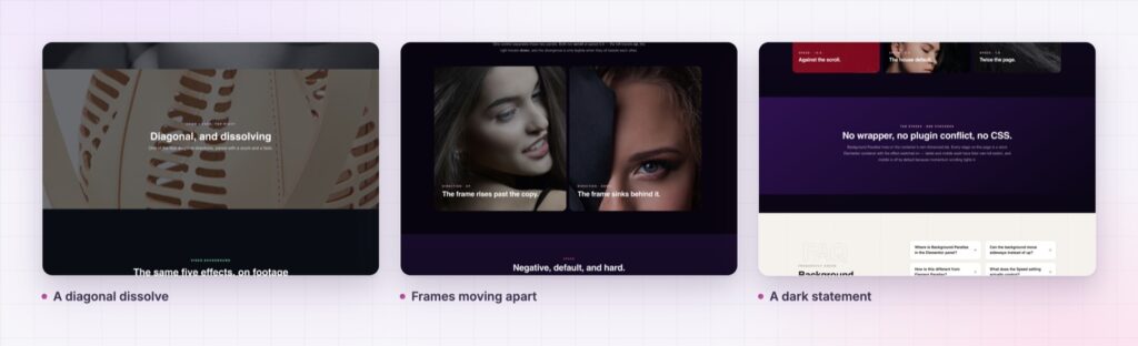 Four Elementor background parallax sections from the demo page