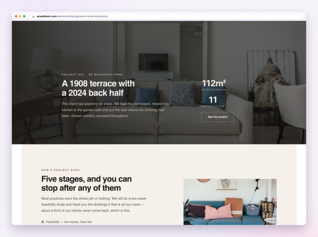 Elementor background reveal uncovering a section background on scroll