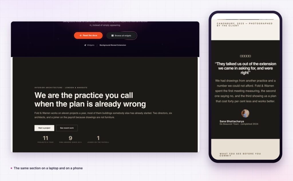 Elementor background reveal on desktop and on a phone