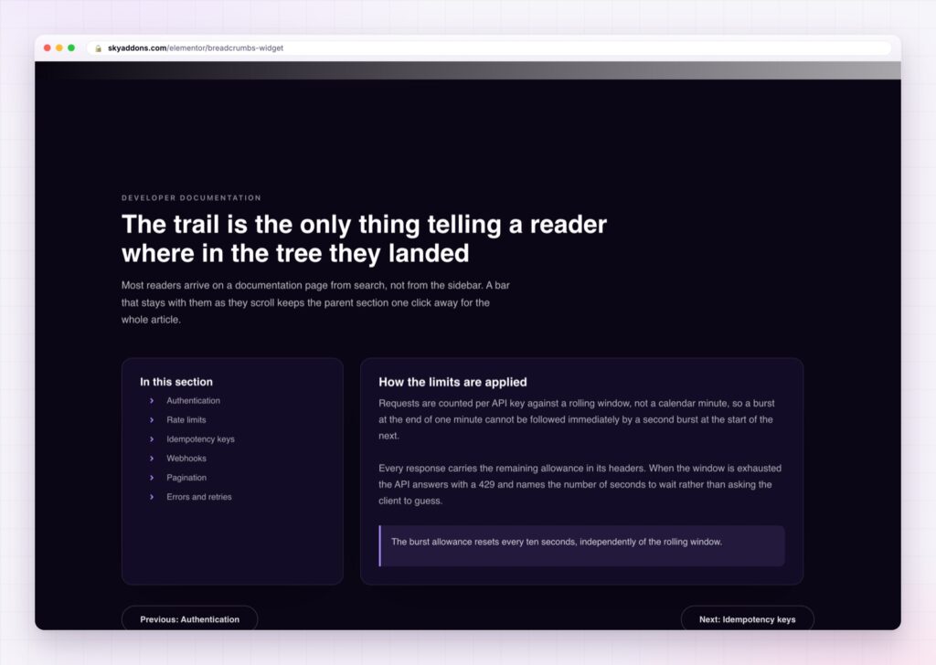 Elementor breadcrumbs showing a trail from home through a category to the current page