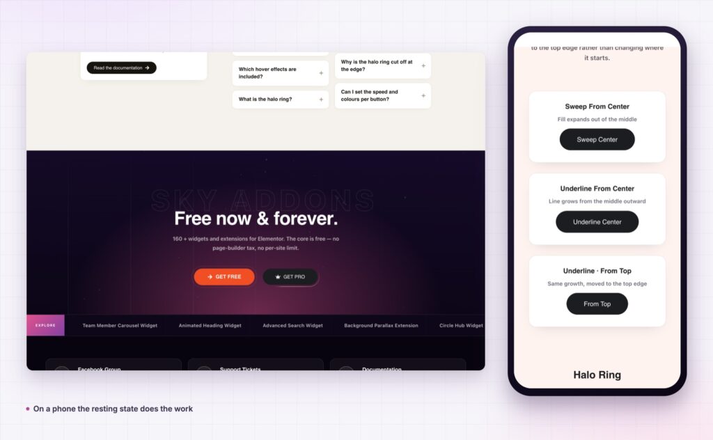 Elementor button effects on desktop and on a phone