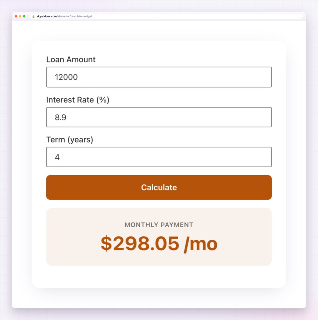Elementor calculator widget showing a loan repayment of $298.05 a month