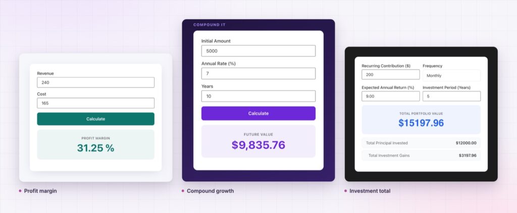 Three Elementor calculator widget templates: profit margin, compound growth and investment total
