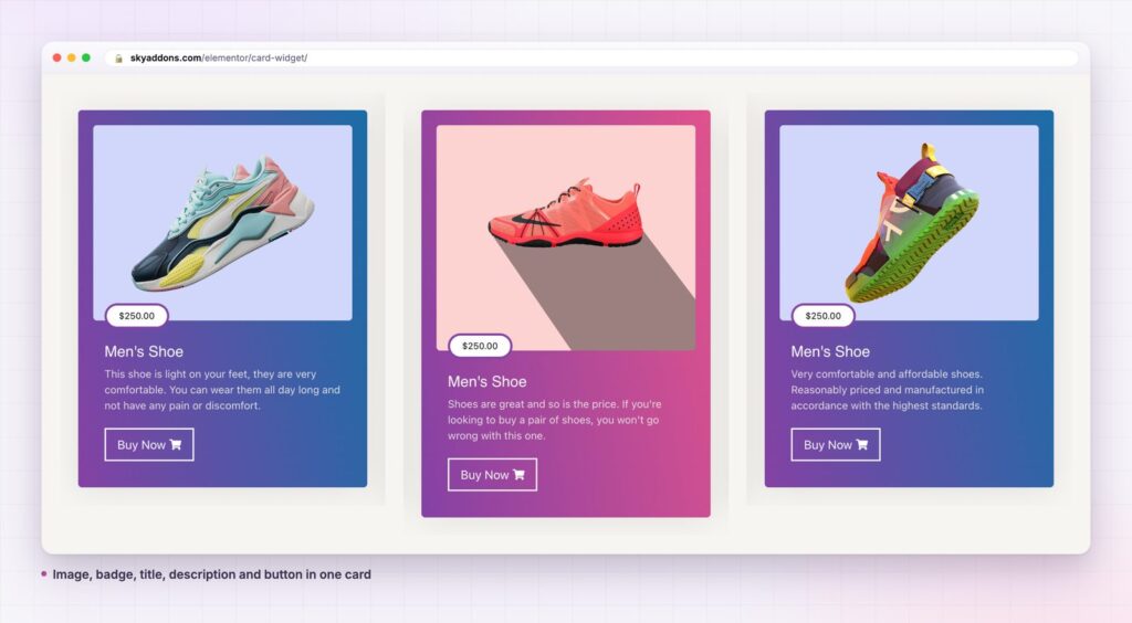 Card widget in Elementor: three gradient product cards with price badges and buy buttons