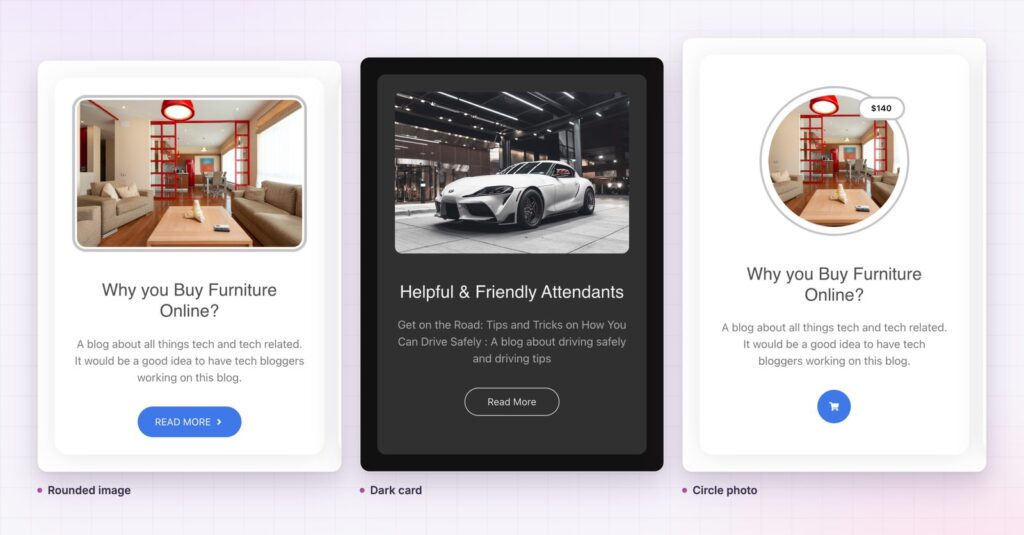 Elementor card widget: a rounded image card, a dark card and a circle photo with a price badge