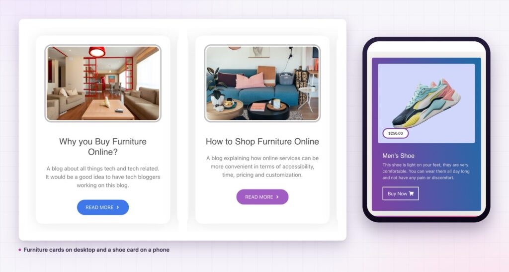 Horizontal card widgets on desktop and a product card on a phone
