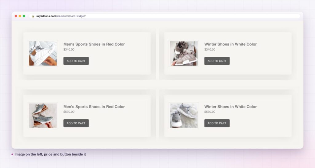 Elementor card widget: image on the left, price and button beside it