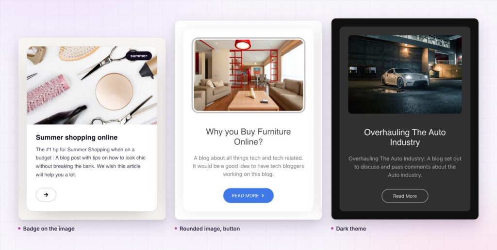 Elementor card widget: a badge on the image, a rounded image with a button and a dark theme