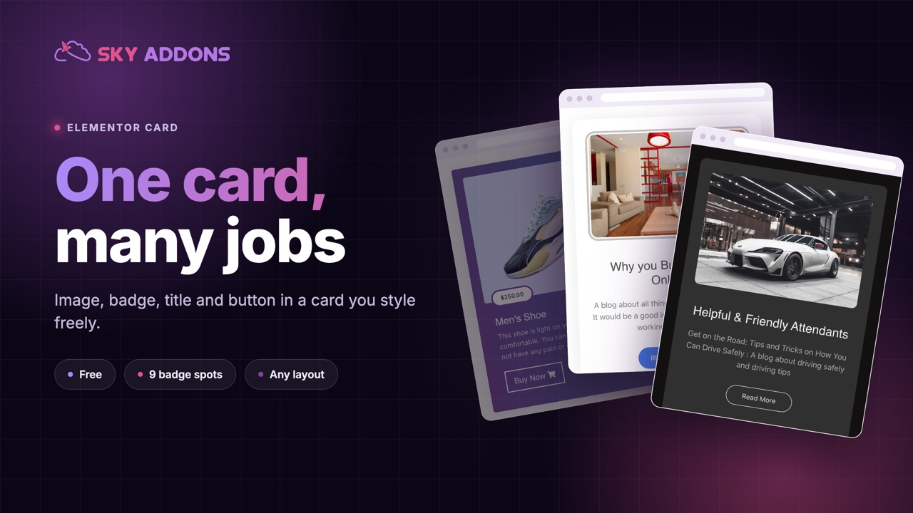 Card widget in Elementor: three gradient product cards with price badges and buy buttons