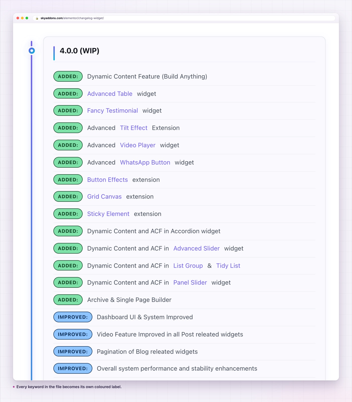 Changelog widget in Elementor showing labelled release entries