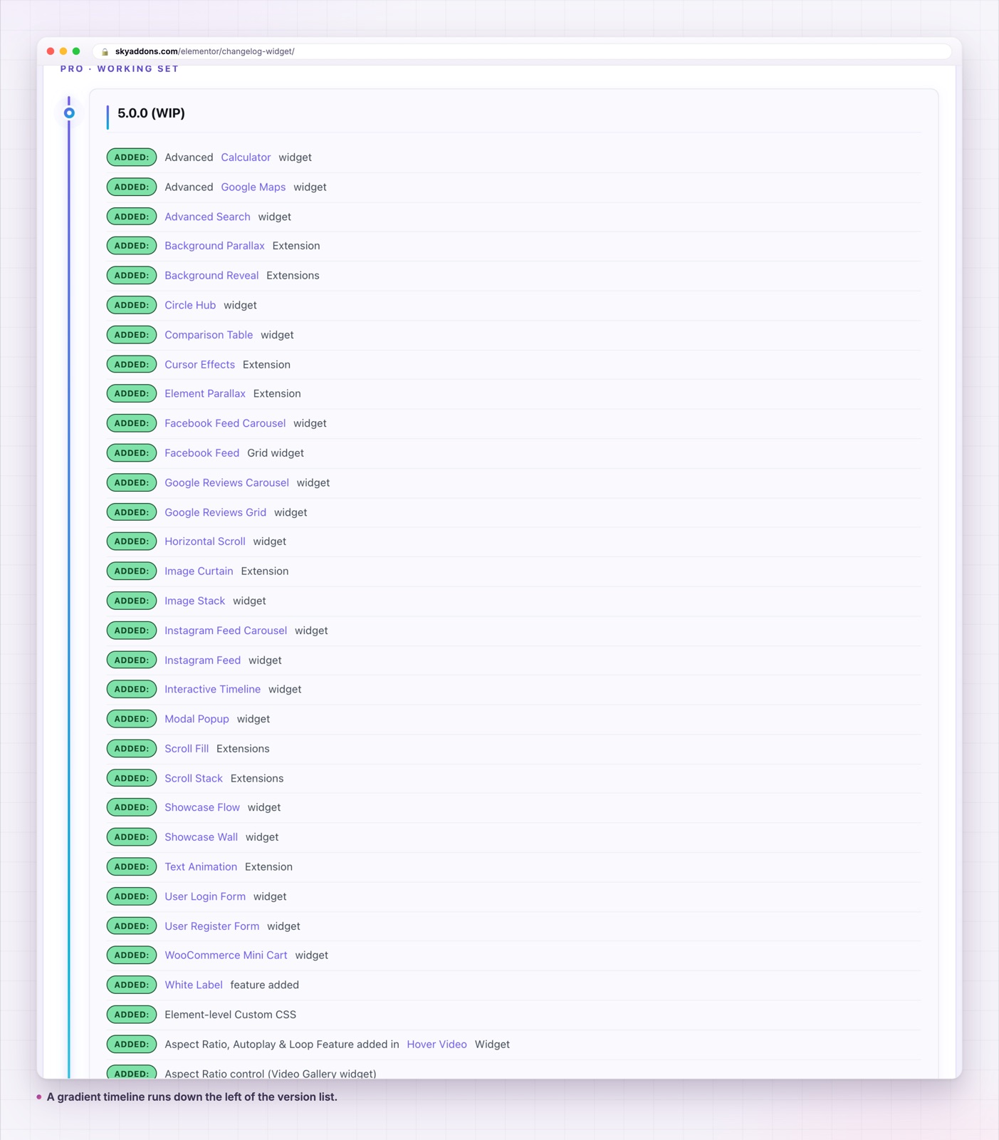 Changelog widget showing the gradient timeline down the version list