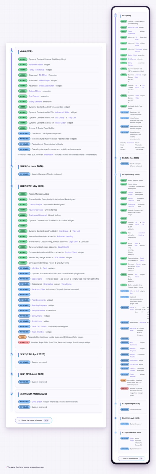 Changelog widget on desktop and mobile